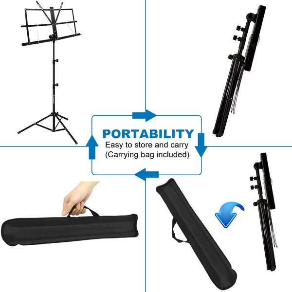 Kasonic Dual-Use Folding Sheet Music Stand & Desktop Book Stand with  Portable Carrying Bag, Sheet Music Folder & Clip Holder (Black)